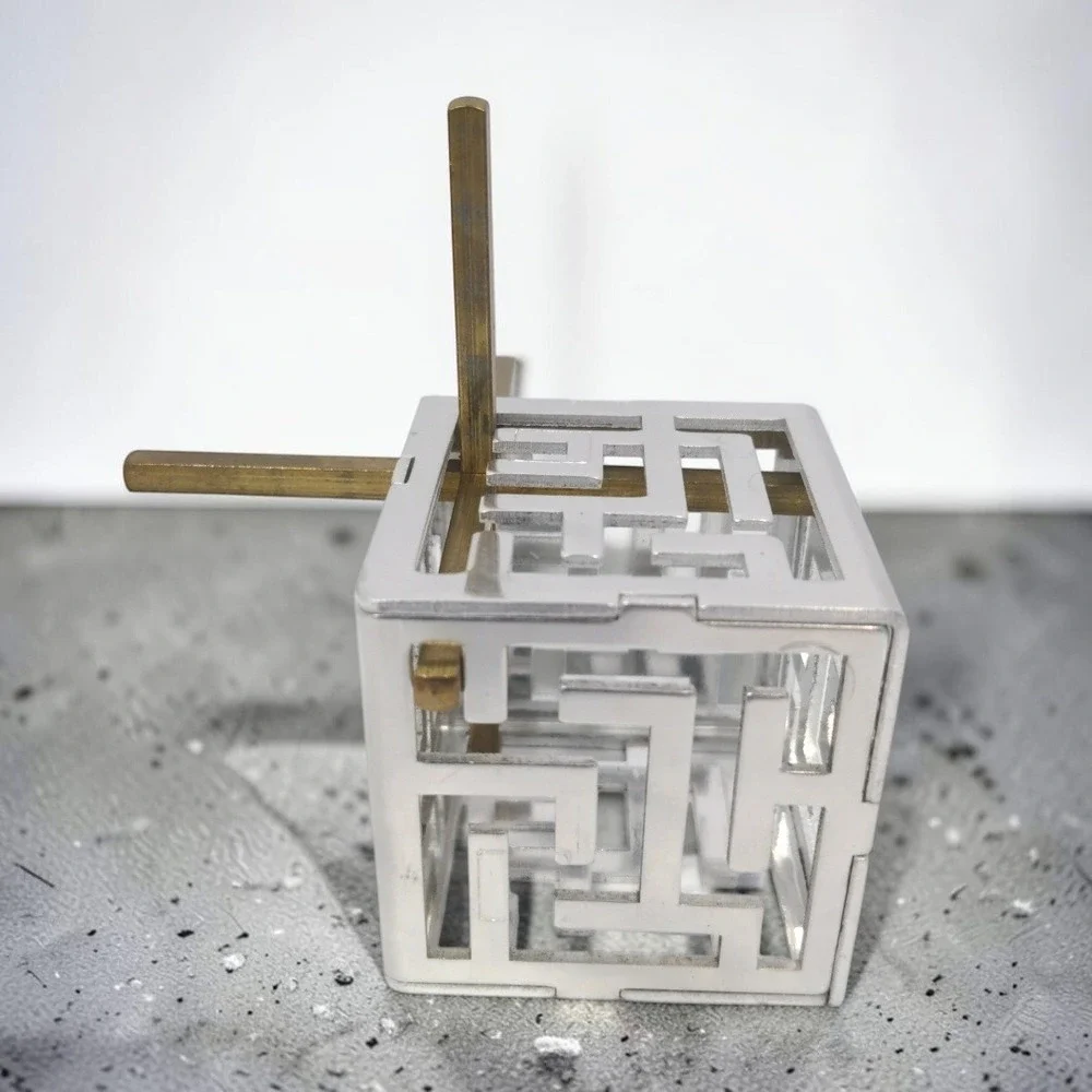 VTG Oskar's Maze Puzzle Oskar van Deventer Bits And Pieces Metal Cube Brass Rod